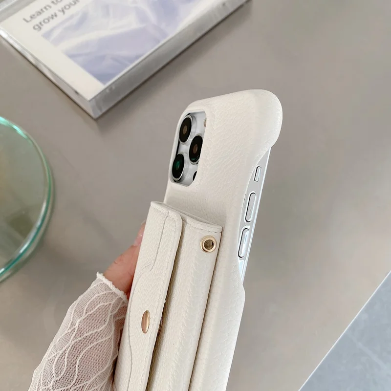 For iPhone 13 Pro Case Mirror Design PU Leather Back Cover with Card Slots, Wrist Strap - White