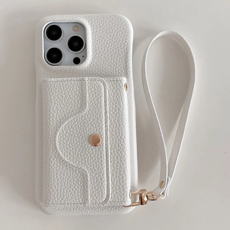 For iPhone 13 Pro Case Mirror Design PU Leather Back Cover with Card Slots, Wrist Strap - White