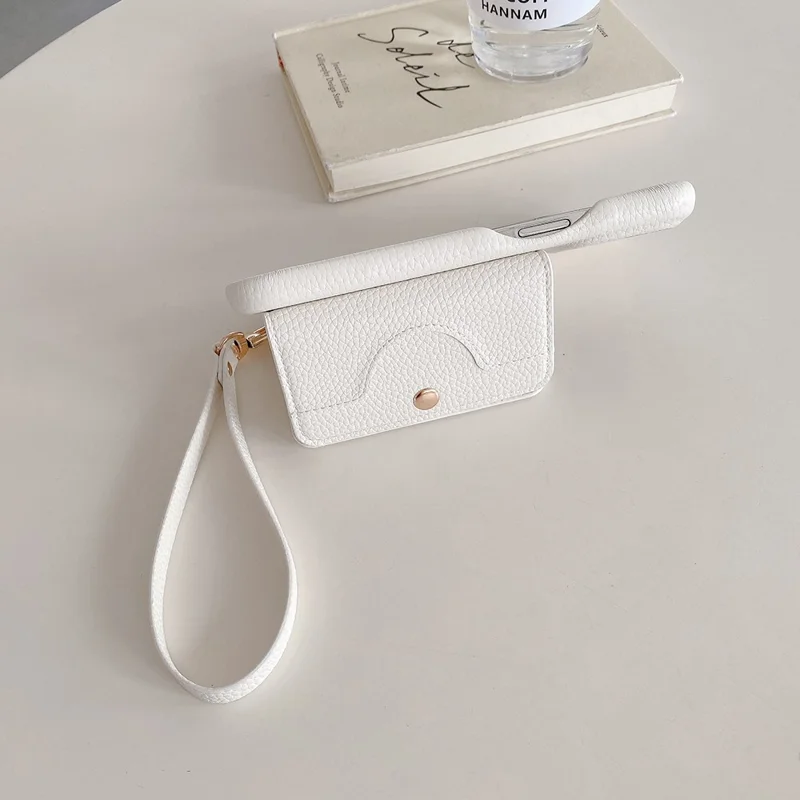For iPhone 13 Pro Case Mirror Design PU Leather Back Cover with Card Slots, Wrist Strap - White