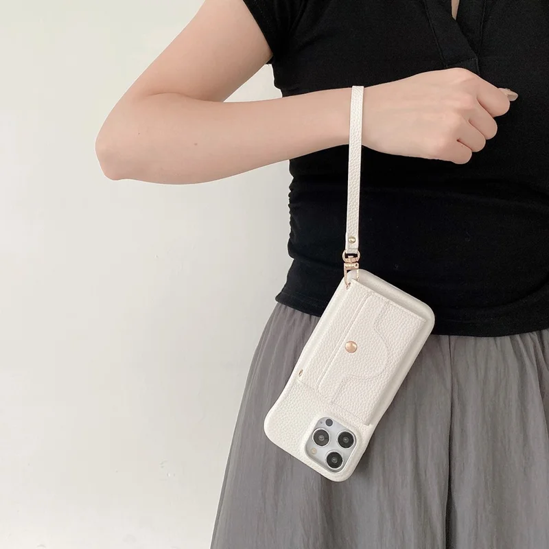 For iPhone 13 Pro Case Mirror Design PU Leather Back Cover with Card Slots, Wrist Strap - White