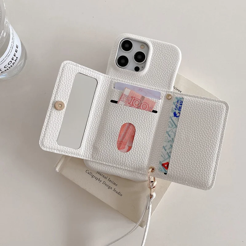 For iPhone 13 Pro Case Mirror Design PU Leather Back Cover with Card Slots, Wrist Strap - White