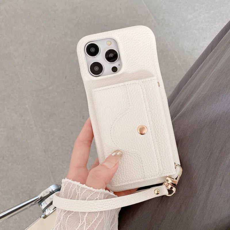 For iPhone 13 Pro Case Mirror Design PU Leather Back Cover with Card Slots, Wrist Strap - White