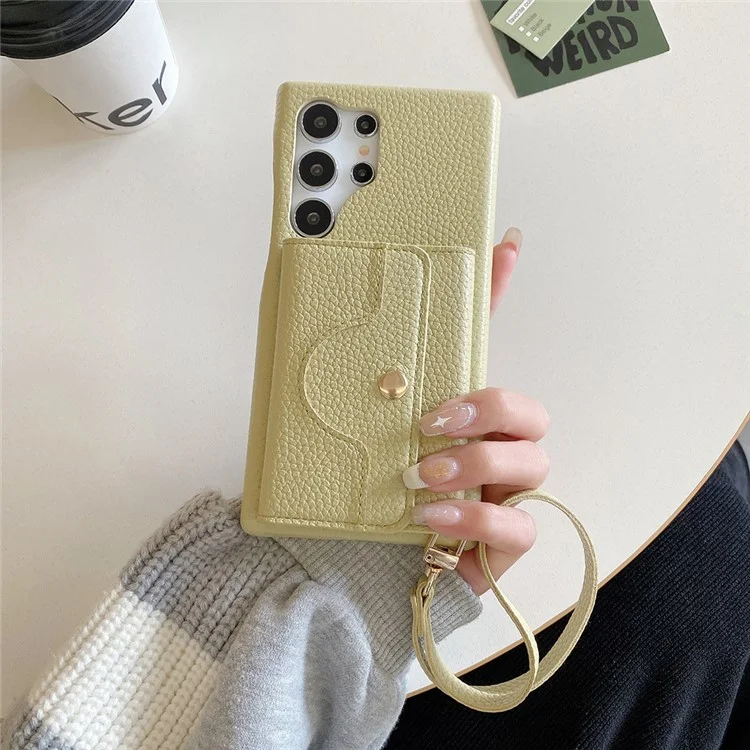 Für Samsung Galaxy S24 Ultra Hülle Spiegeldesign PU-Leder Rückseite mit Kartenschlitzen, Handschlaufe - Grün
