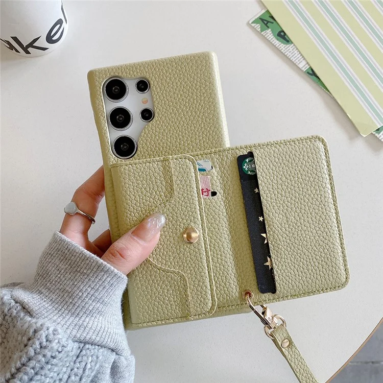 Für Samsung Galaxy S24 Ultra Hülle Spiegeldesign PU-Leder Rückseite mit Kartenschlitzen, Handschlaufe - Grün
