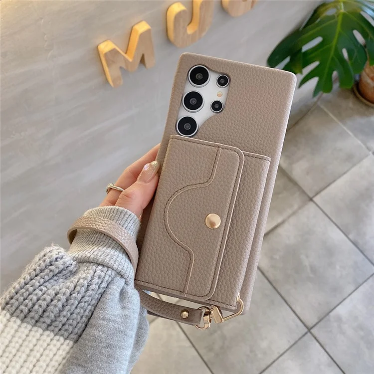 Étui pour Samsung Galaxy S23 Ultra, design miroir, en cuir PU avec porte-cartes et dragonne - Gris