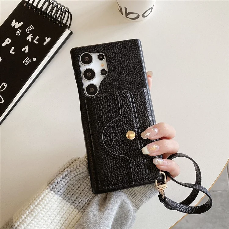 Für Samsung Galaxy S25 Ultra Hülle Spiegeldesign PU-Leder Rückseite mit Kartenschlitzen, Handschlaufe - Schwarz
