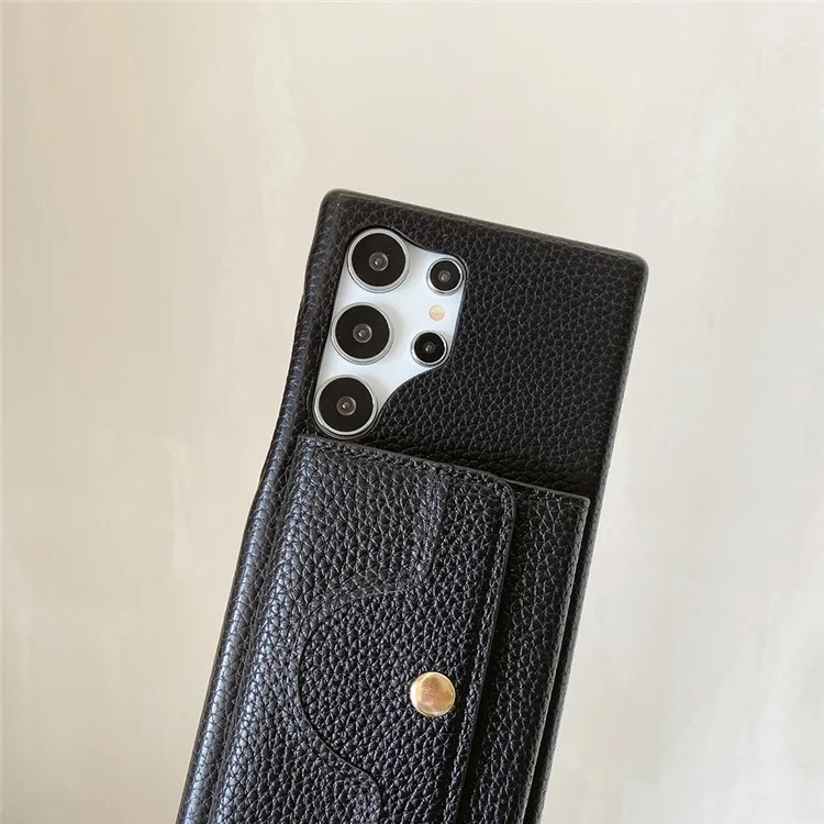 Für Samsung Galaxy S25 Ultra Hülle Spiegeldesign PU-Leder Rückseite mit Kartenschlitzen, Handschlaufe - Schwarz