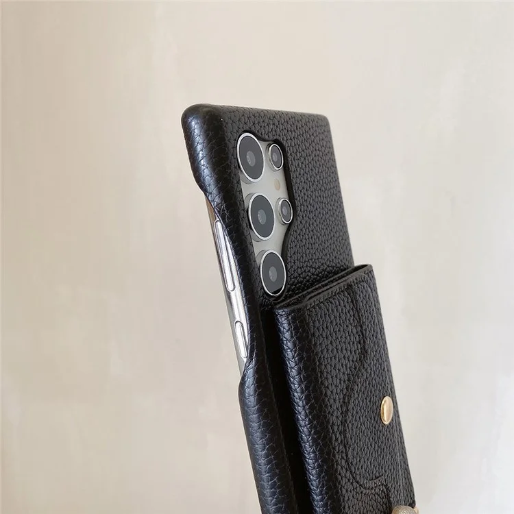 Für Samsung Galaxy S25 Ultra Hülle Spiegeldesign PU-Leder Rückseite mit Kartenschlitzen, Handschlaufe - Schwarz