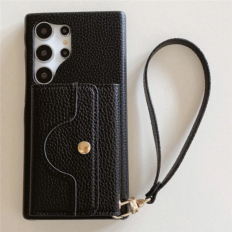 Für Samsung Galaxy S25 Ultra Hülle Spiegeldesign PU-Leder Rückseite mit Kartenschlitzen, Handschlaufe - Schwarz