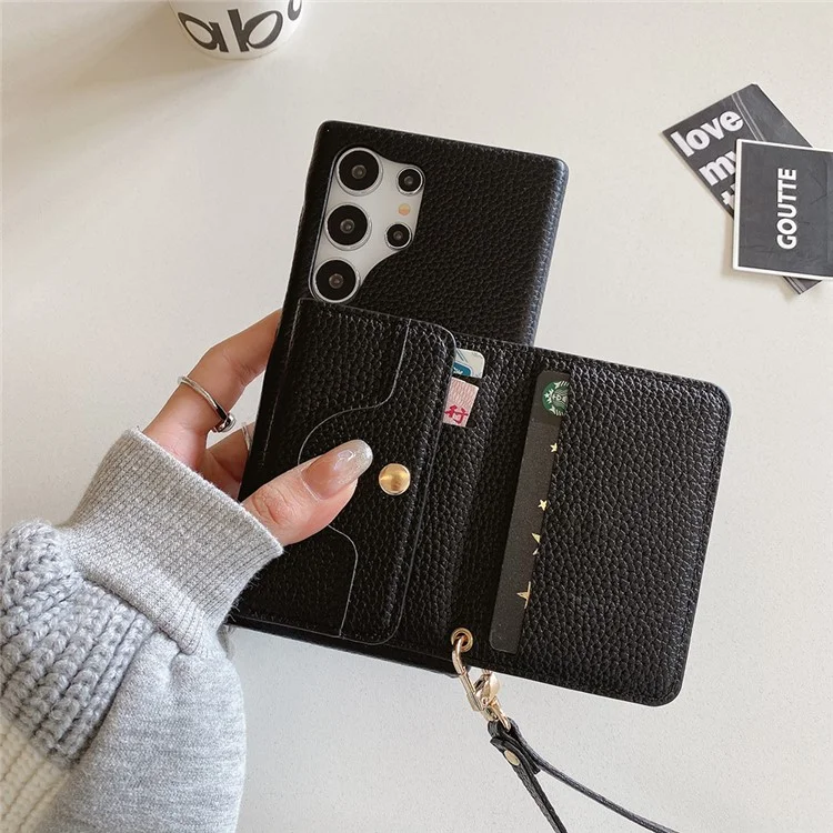 Für Samsung Galaxy S25 Ultra Hülle Spiegeldesign PU-Leder Rückseite mit Kartenschlitzen, Handschlaufe - Schwarz