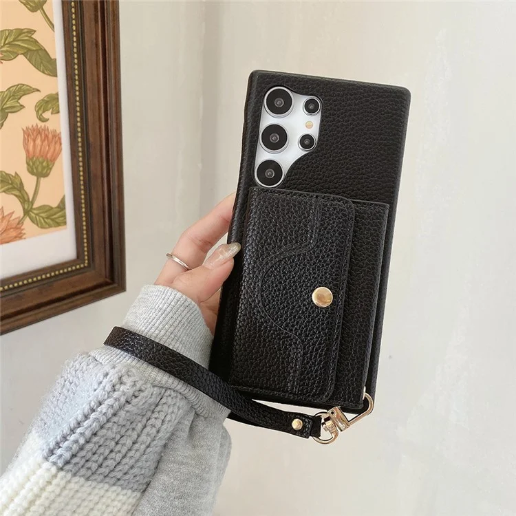 Für Samsung Galaxy S25 Ultra Hülle Spiegeldesign PU-Leder Rückseite mit Kartenschlitzen, Handschlaufe - Schwarz