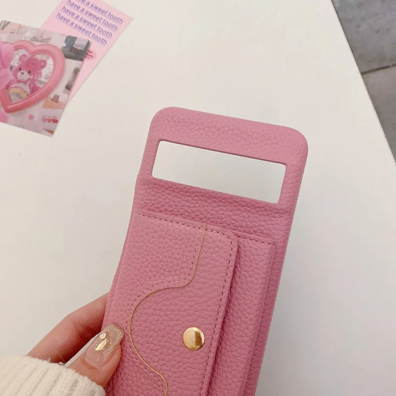 For Google Pixel 8 Pro Case Mirror Design PU Leather Back Cover with Card Slots, Wrist Strap - Pink