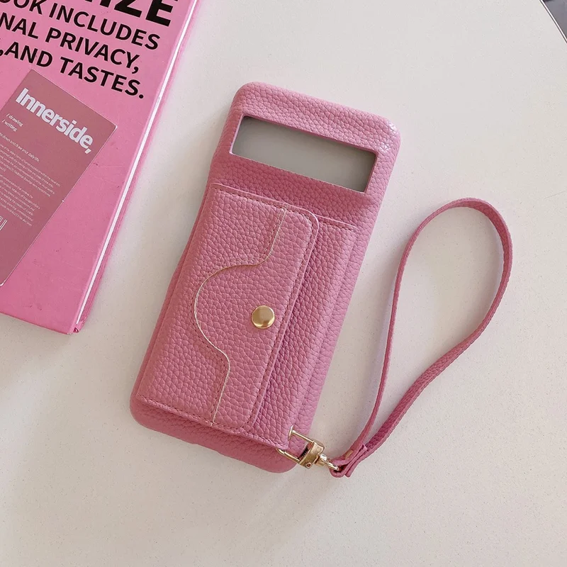 For Google Pixel 8 Pro Case Mirror Design PU Leather Back Cover with Card Slots, Wrist Strap - Pink