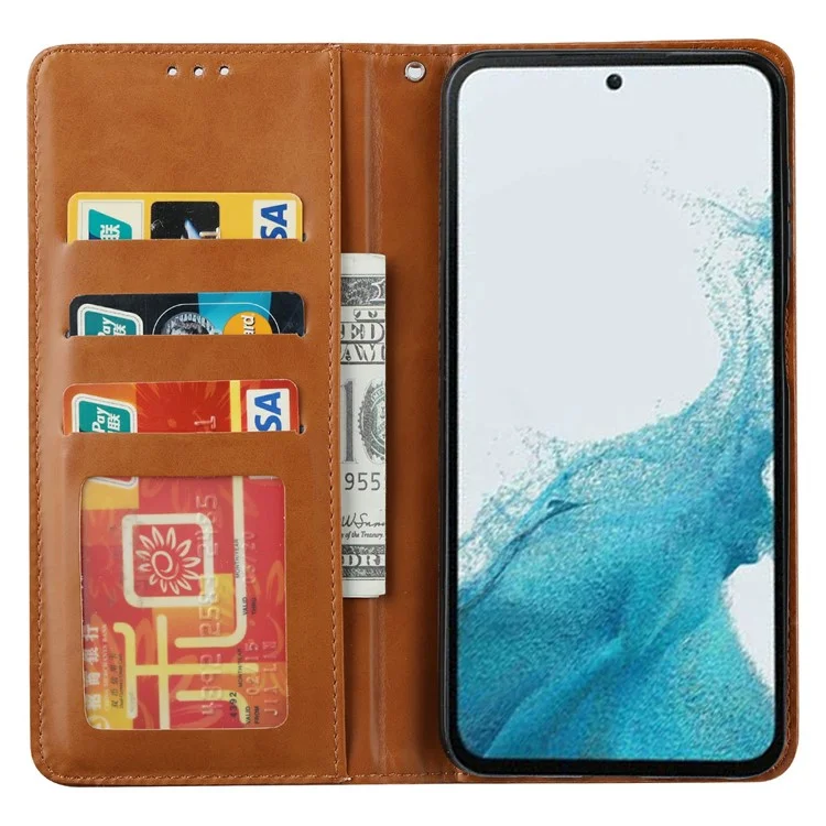 Custodia per cellulare Samsung Galaxy S25+ in pelle PU con chiusura magnetica e supporto - Marrone chiaro