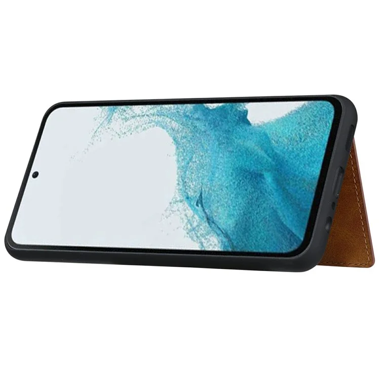Für Samsung Galaxy S25 Hülle Kalbleder-Textur Kartenfach PU-Leder + TPU Kickstand Handyhülle - Braun