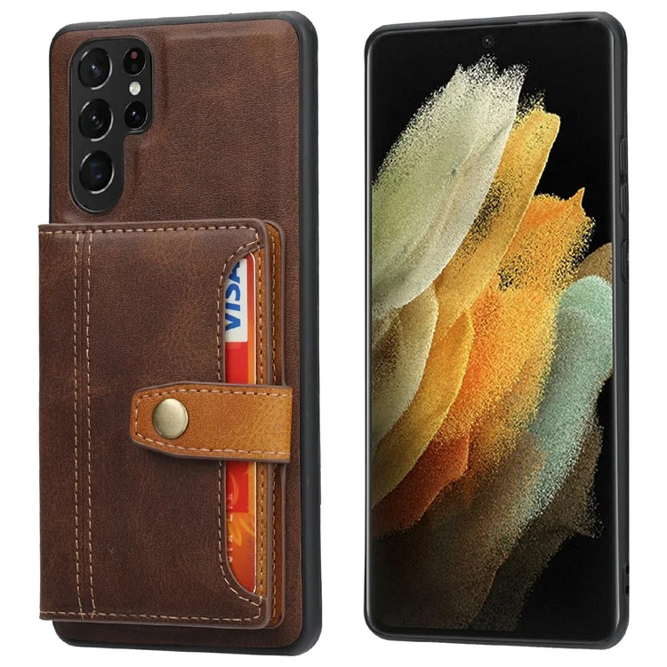 Für Samsung Galaxy S25 Ultra Hülle Kalbsleder-Textur Kartenfach PU-Leder + TPU Kickstand Handyhülle - Braun