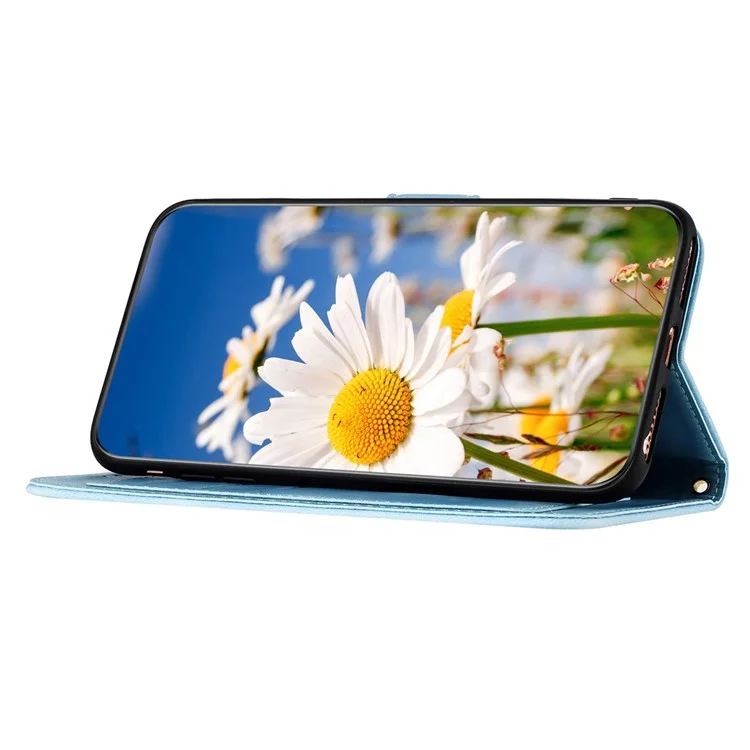 Coque pour Samsung Galaxy A26 5G en cuir PU avec motif floral et emplacements pour cartes - Bleu clair