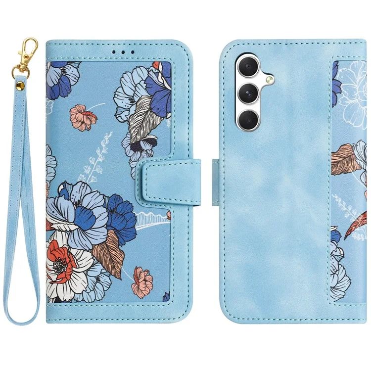 Étui pour Samsung Galaxy A56 5G en cuir PU avec motif floral et fentes pour cartes - Bleu bébé