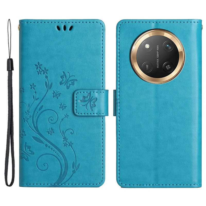 For Honor Magic7 Lite 5G / X9c 5G / X60 Pro 5G Case PU Leather Phone Wallet Cover with Strap - Blue