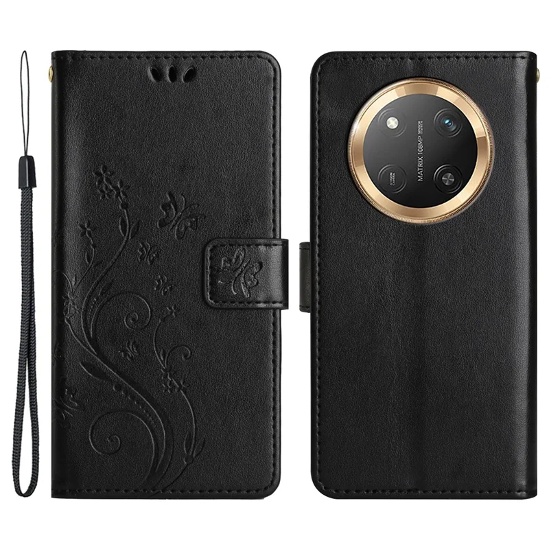 Etui na Honor Magic7 Lite 5G / X9c 5G / X60 Pro 5G, pokrowiec portfelowy z poliuretanowej skóry z paskiem - Czarny