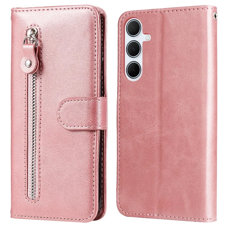 Étui portefeuille zippé en cuir PU texturé veau pour Samsung Galaxy A56 5G / A36 5G - Rose
