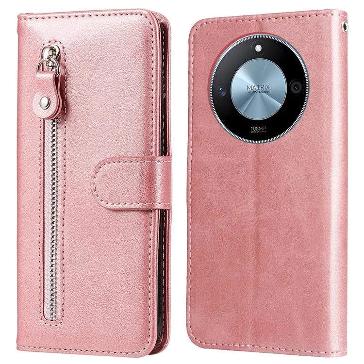 Custodia per telefono For Honor X60 5G con cerniera, texture in pelle di vitello PU - Rosa