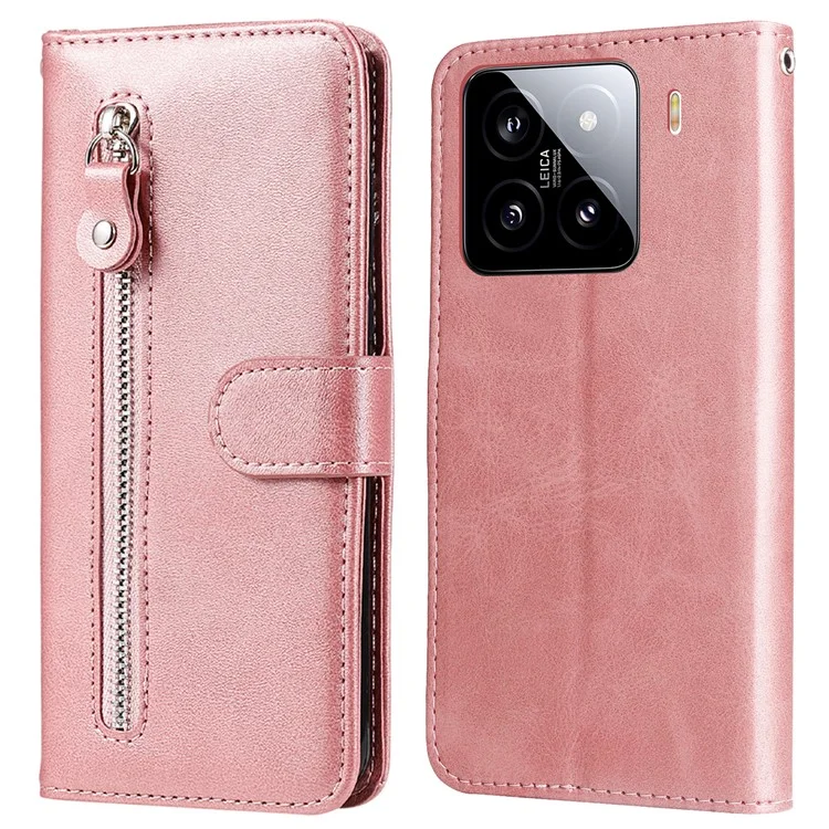 Für Xiaomi 15 Hülle Reißverschluss-Geldbörse Kalbsleder-Textur PU-Leder Handyhülle - Pink