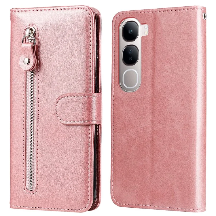 Für vivo Y19s 4G Hülle Reißverschlusstasche Kalbsleder-Textur PU-Leder Handyhülle - Rosa