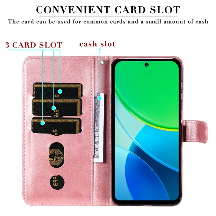 Für vivo Y19s 4G Hülle Reißverschlusstasche Kalbsleder-Textur PU-Leder Handyhülle - Rosa