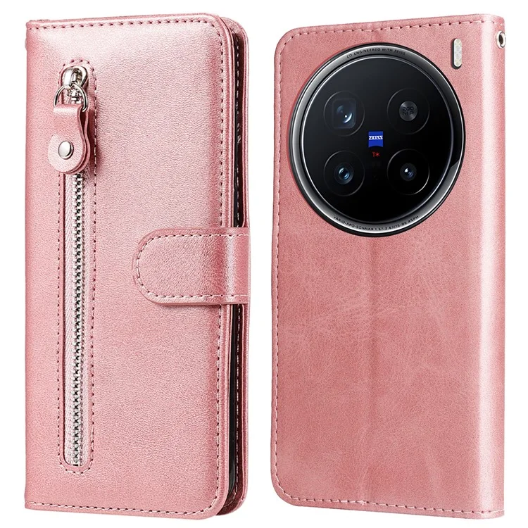 Capa para vivo X200 Pro 5G Carteira com Zíper Textura de Bezerro Couro PU - Rosa