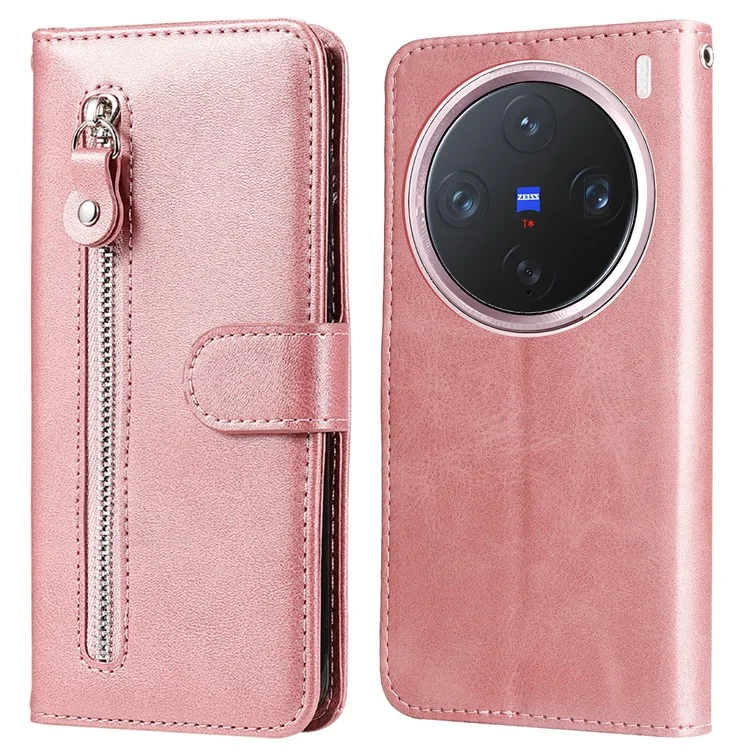 Étui portefeuille zippé en cuir PU de texture de veau pour vivo X200 Pro mini 5G - Rose
