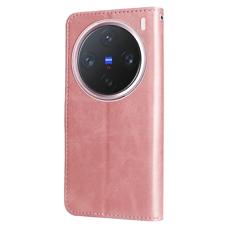 Étui portefeuille zippé en cuir PU de texture de veau pour vivo X200 Pro mini 5G - Rose