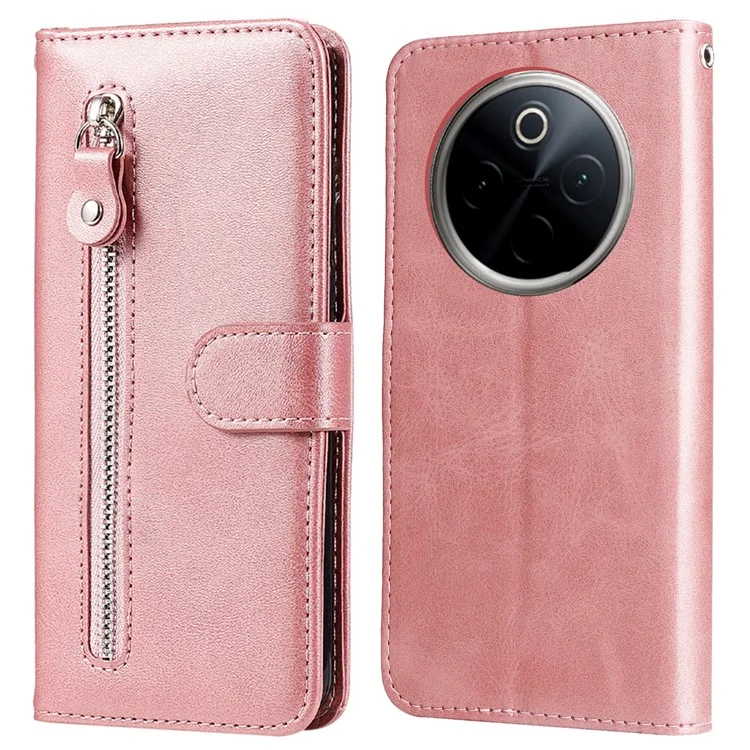Capa para OnePlus 13 com zíper e carteira, textura de bezerro em couro PU - Rosa