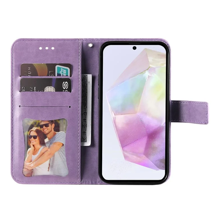 Capa em couro sintético com estampa floral, função de suporte e janela de visualização para Samsung Galaxy A56 5G / A36 5G - Roxo