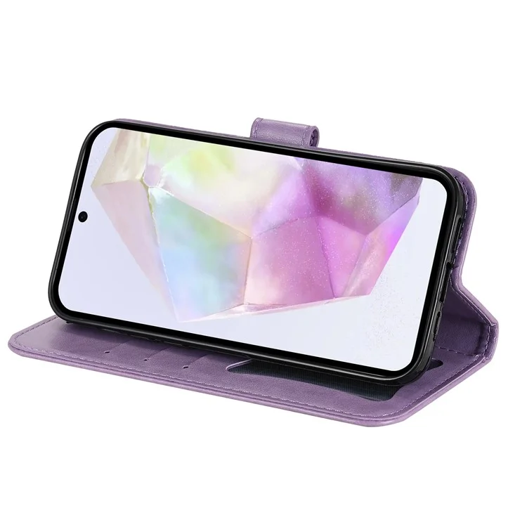 Capa em couro sintético com estampa floral, função de suporte e janela de visualização para Samsung Galaxy A56 5G / A36 5G - Roxo