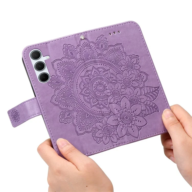 Capa em couro sintético com estampa floral, função de suporte e janela de visualização para Samsung Galaxy A56 5G / A36 5G - Roxo