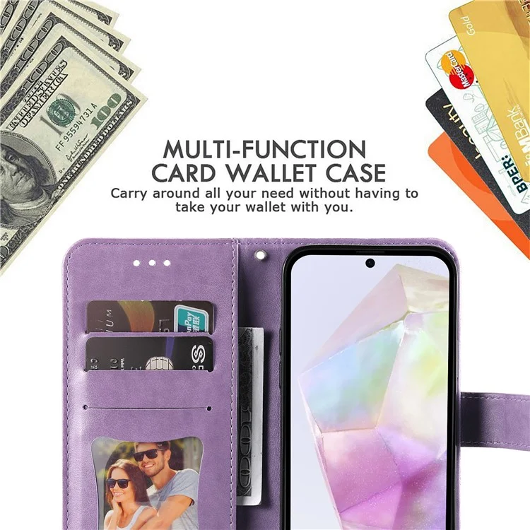 Capa em couro sintético com estampa floral, função de suporte e janela de visualização para Samsung Galaxy A56 5G / A36 5G - Roxo