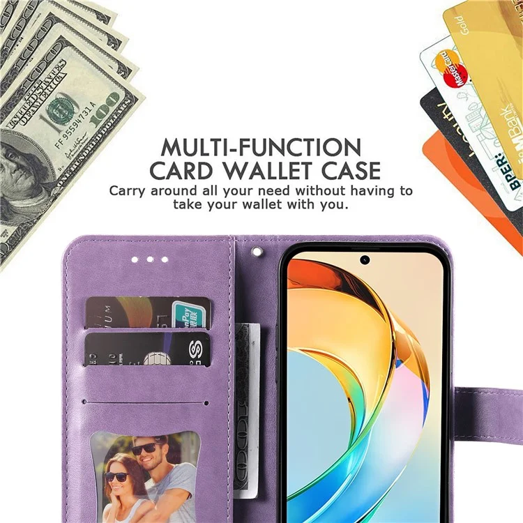 Für Honor X60 5G Hülle PU-Leder-Brieftasche Blumen-Handyhülle Standfunktion - Lila