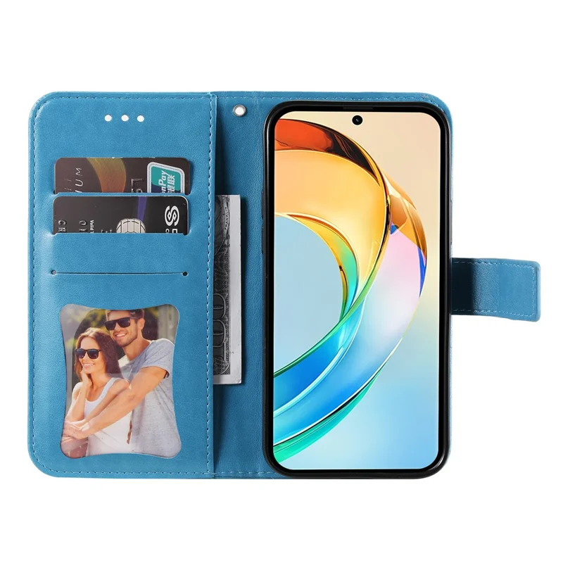 For Honor X60 5G Case Floral Pattern PU Leather Wallet Stand Phone Cover - Blue