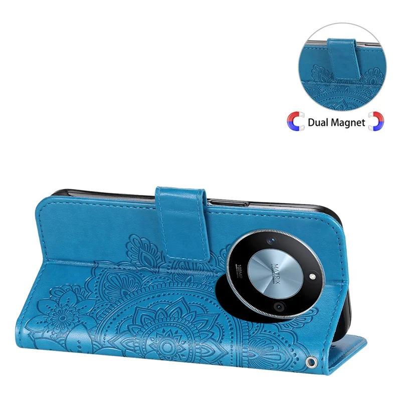 For Honor X60 5G Case Floral Pattern PU Leather Wallet Stand Phone Cover - Blue
