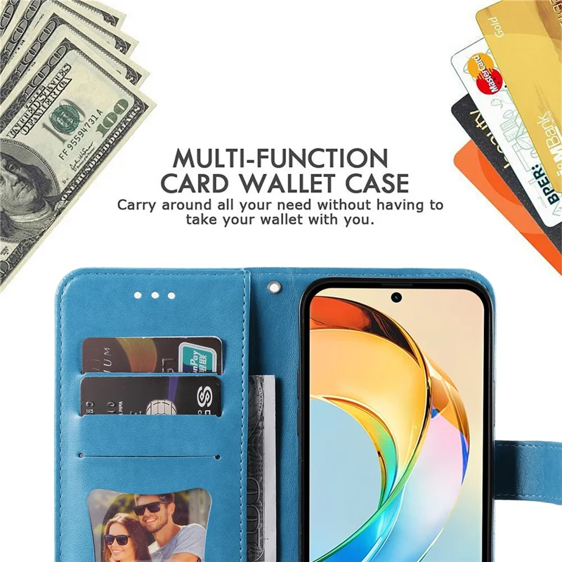 For Honor X60 5G Case Floral Pattern PU Leather Wallet Stand Phone Cover - Blue