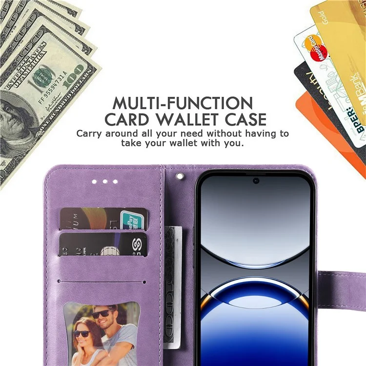 Étui portefeuille en cuir PU avec motif floral et support pour Oppo Find X8 Pro 5G - Violet