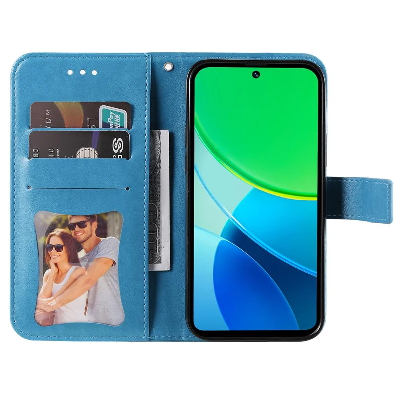 Чехол для vivo Y19s 4G из искусственной кожи с бумажником и цветочным узором, подставка для просмотра - Синий