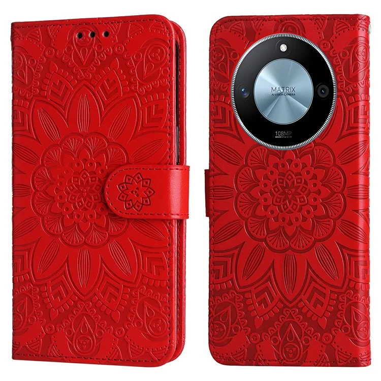 Capa para telefone For Honor X60 5G com estampa de girassol e carteira de couro - Vermelho