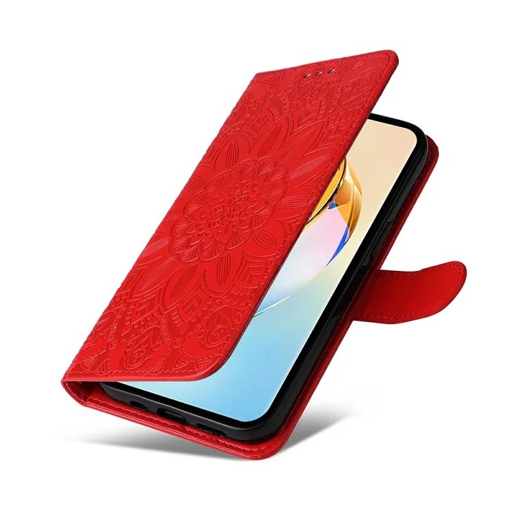 Capa para telefone For Honor X60 5G com estampa de girassol e carteira de couro - Vermelho