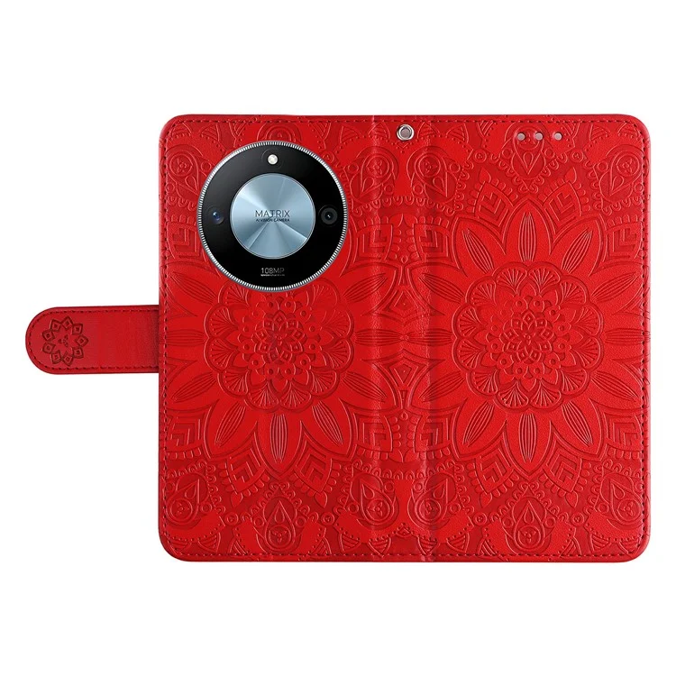 Capa para telefone For Honor X60 5G com estampa de girassol e carteira de couro - Vermelho
