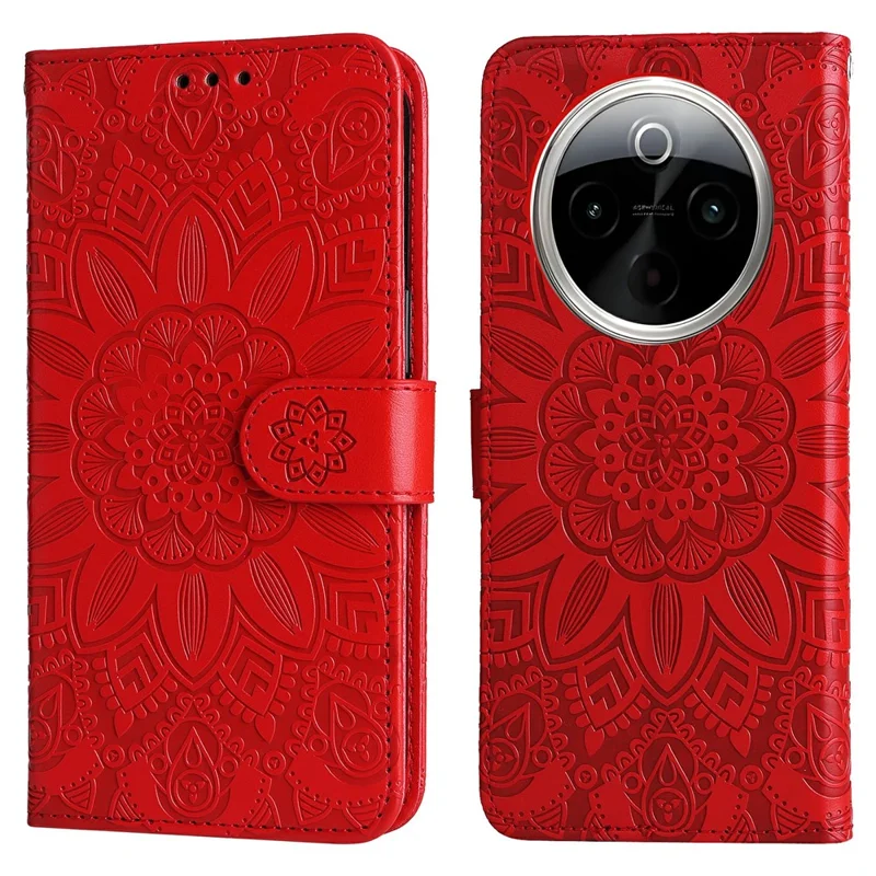 Für vivo Y300 Pro 5G Hülle Sonnenblumen-Prägung Leder Brieftasche Handyhülle - Rot