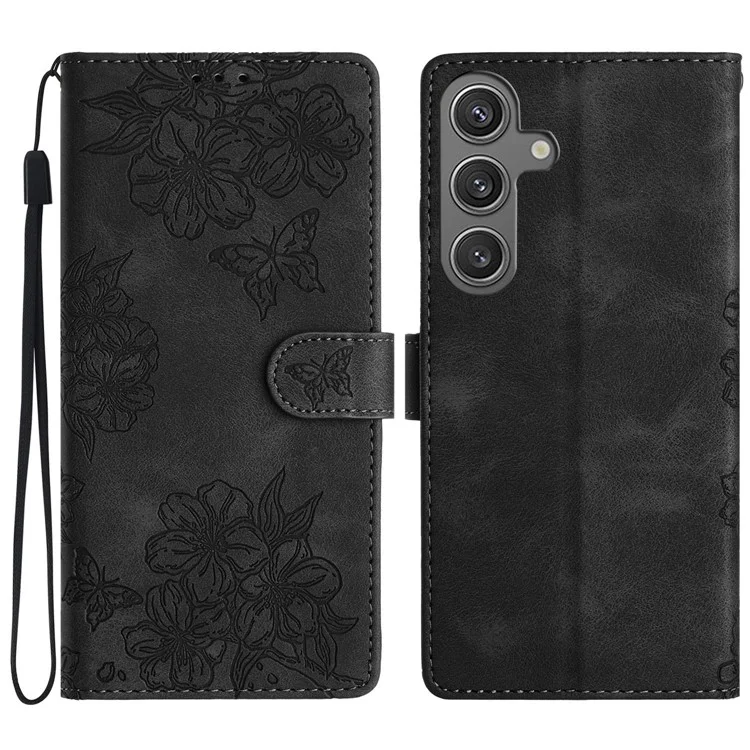 Étui pour Samsung Galaxy A26 5G avec motif floral de papillon, effet peau de cuir - Noir