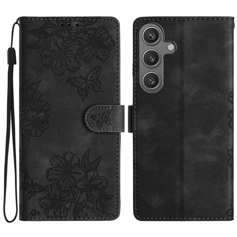 Étui pour Samsung Galaxy A56 5G, motif de fleur de papillon, peau tactile, étui de téléphone en cuir - Noir
