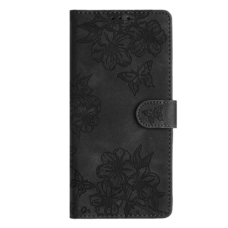 Étui pour Samsung Galaxy A56 5G, motif de fleur de papillon, peau tactile, étui de téléphone en cuir - Noir